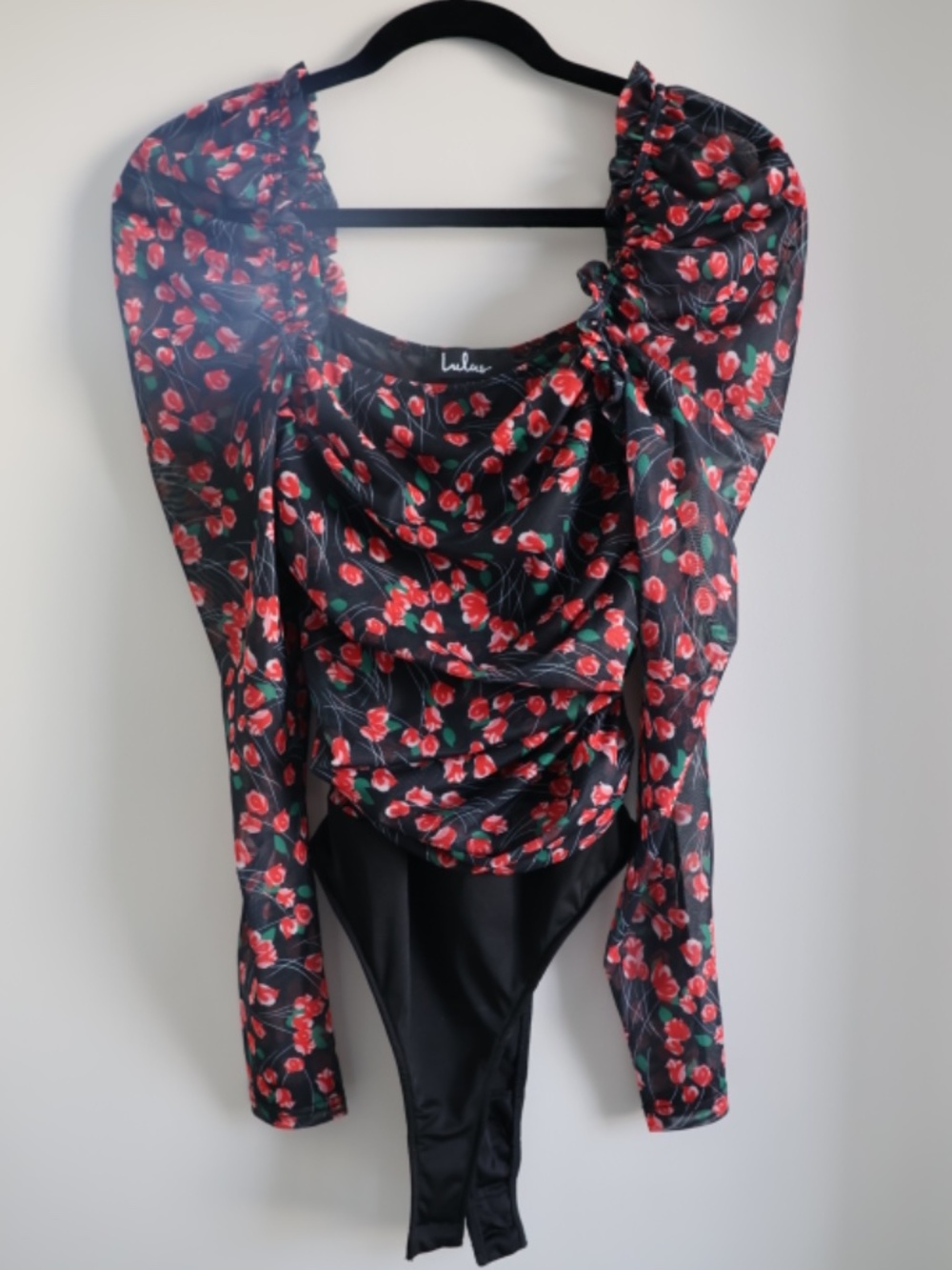 Lulus Real Romance Black Floral Print Ruched Mesh Long Sleeve Bodysuit - Size S